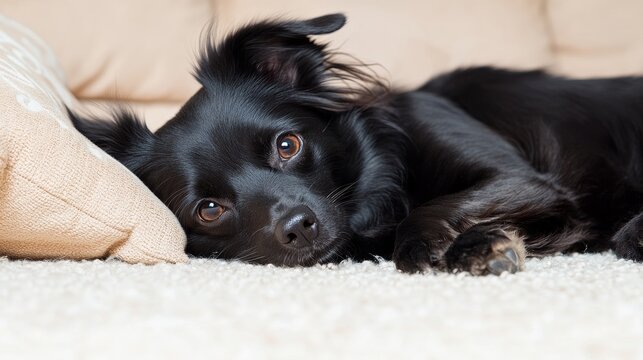 Black Dog Resting Comfortably on Soft Sofa