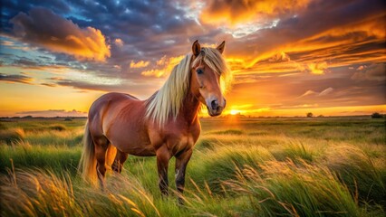 Obraz premium Brown Welsh Pony Standing in Sunlit Grass at Sunset - Majestic Equine Beauty in Nature, Farm Life, Pastoral Scenes, Serene Landscapes, and Animal Photography