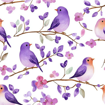 Whimsical watercolor design featuring lovebirds and flowers in purple hues. This seamless pattern adds charming touch to any project, evoking sense of joy and nature