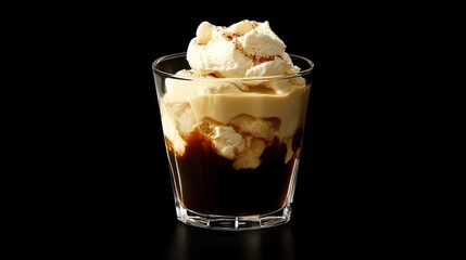 Creamy coffee drink with whipped cream in a glass.