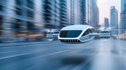 Futuristic autonomous transportation system flying over city street