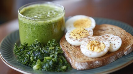 wholesome breakfast of whole wheat toast with almond butter, a boiled egg, and a fresh green smoothie with spinach and kale