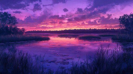 wide marsh at dusk, where the sky is painted with purple and pink hues and the still water reflects the surrounding reeds and trees