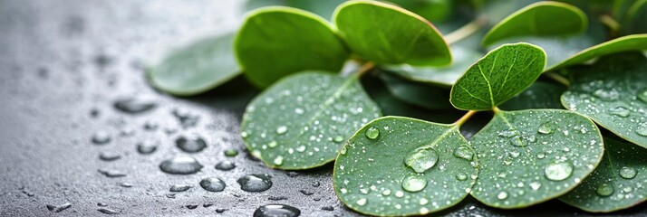 Close-up of eucalyptus leaves and water droplets on a grey background