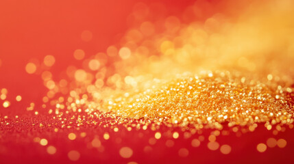 A close-up of shimmering gold glitter on a vibrant red background.