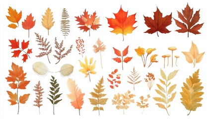 Maple and dry autumn leaves clip art, ideal for creating fall backgrounds with a white backdrop