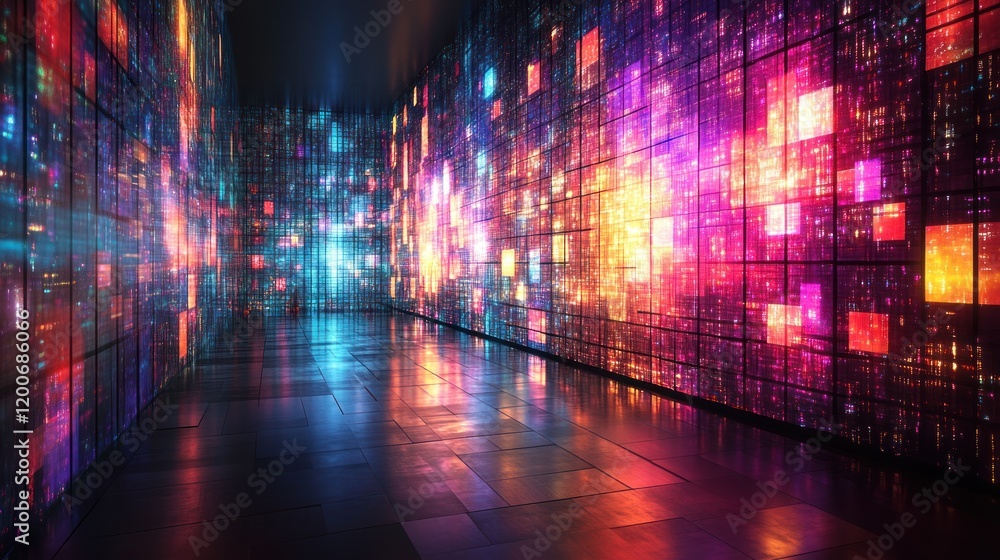 Poster neon digital corridor: a mesmerizing journey through a vibrant, illuminated digital landscape. walls
