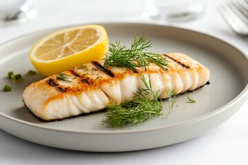 Grilled cod fillets garnished with lemon and dill
, seasoned with salt and pepper, on a A clean plate, pescatarian
