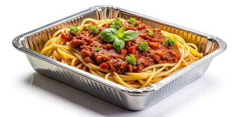 Spaghetti Bolognese Takeaway in Aluminium Foil Box - Perfect for Delivery and Quick Meals, Isolated on White Background, Selective Focus, Delicious Comfort Food, Convenient Dining