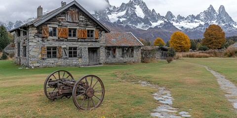 Fototapeta premium Stone house, mountain backdrop, autumn. Old cart, nature path. Travel postcard