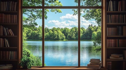 Serene Lake View from a Cozy Home Office with Bookshelves