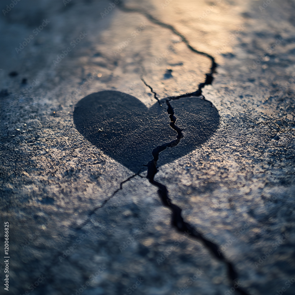 Poster a shadow of a heart on the ground with a crack running through it