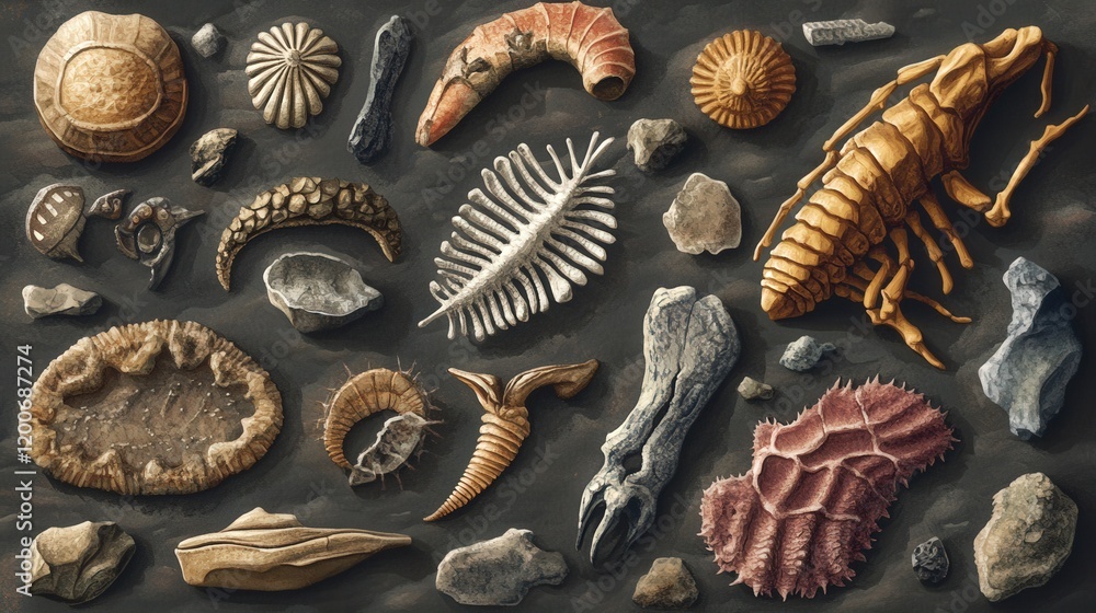 Fototapete educational illustration showing the different types of fossils, such as body fossils, trace fossils