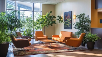Fototapeta premium Serene Lobby Oasis: Sunlit modern lobby with orange armchairs, a patterned rug, large potted plants, and a wall-mounted artwork, creating a calm and inviting atmosphere. 