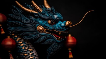 Blue Dragon Statue with Festive Lanterns