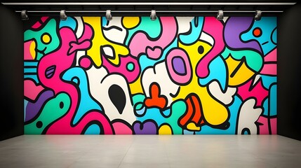 Vibrant Urban Graffiti Mural with Blank Canvas, a colorful wall adorned with dynamic street art, showcasing an area awaiting new creativity.