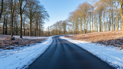 Obraz premium serene snowy forest road at sunrise, surrounded by trees and soft golden light