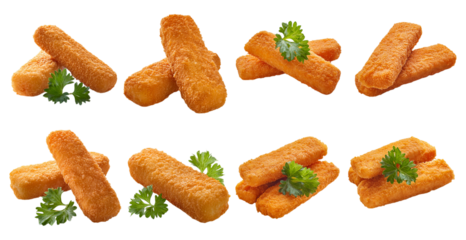 Golden brown crispy fish sticks with parsley garnish isolated on transparent background