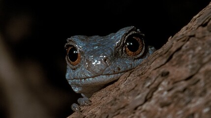 Fototapeta premium Blue Gecko Hiding Behind Tree Trunk Closeup
