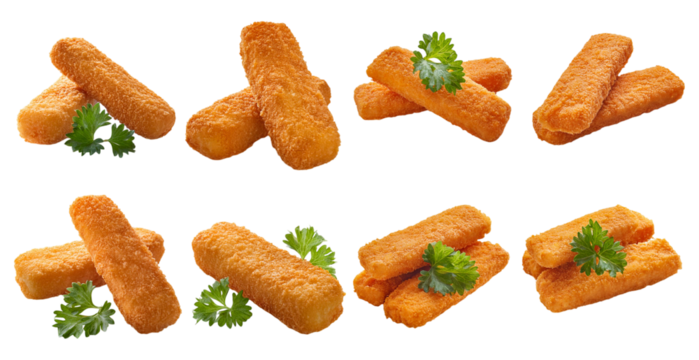 Golden brown crispy fish sticks with parsley garnish isolated on transparent background