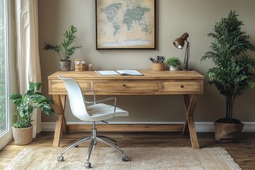 Stylish and functional desk with storage, light wood grain, white metal chair, stationery items, potted plant, and art piece in a modern office setting.