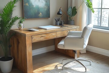 Stylish and functional desk with storage, light wood grain, white metal chair, stationery items, potted plant, and art piece in a modern office setting.