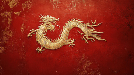Fototapeta premium A golden dragon design on a textured red background.