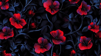 Vivid Red Flowers Blooming on Dark Blue Foliage