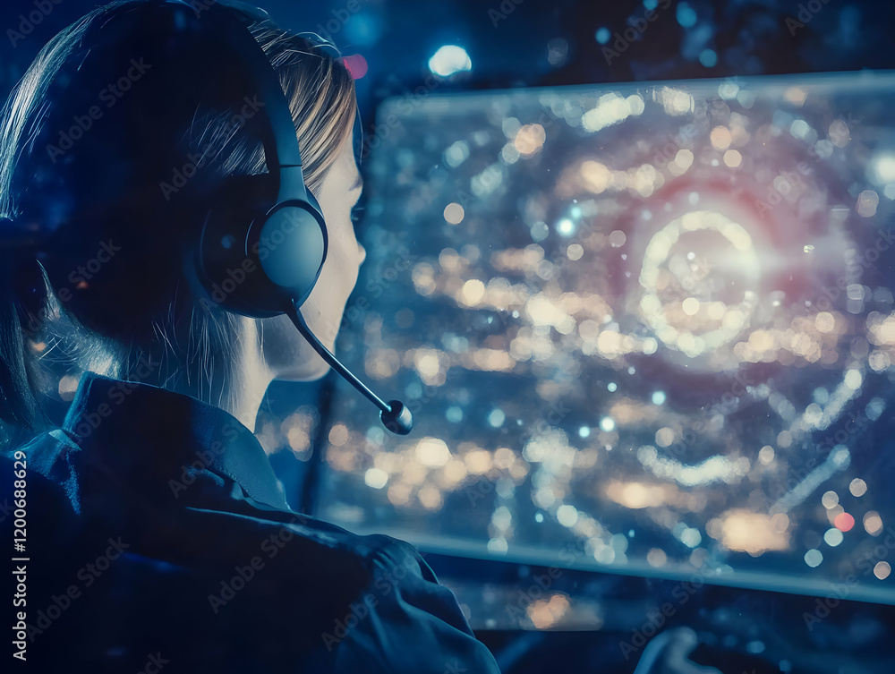 Poster woman with headset analyzes abstract data visualization on computer screen in dark room