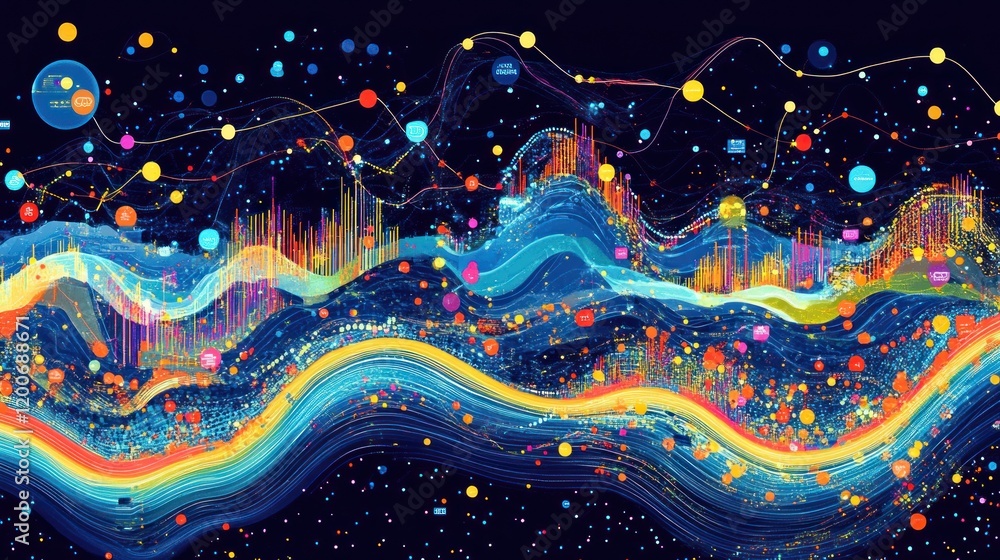 Poster abstract data visualization: a symphony of colorful waves and digital information