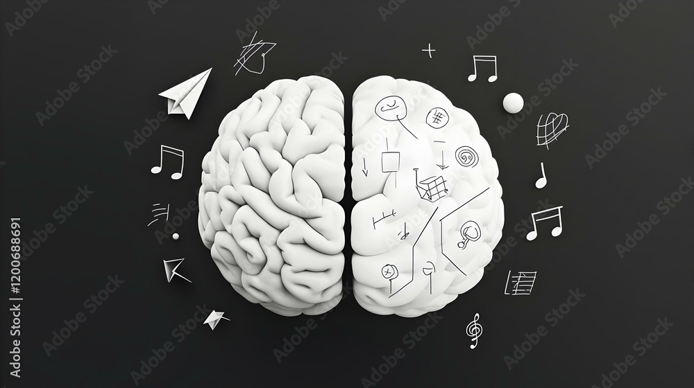 Poster Abstract representation of left and right brain functions highlighting creativity and logic, vibrant colors illustrating cognitive duality and balance.