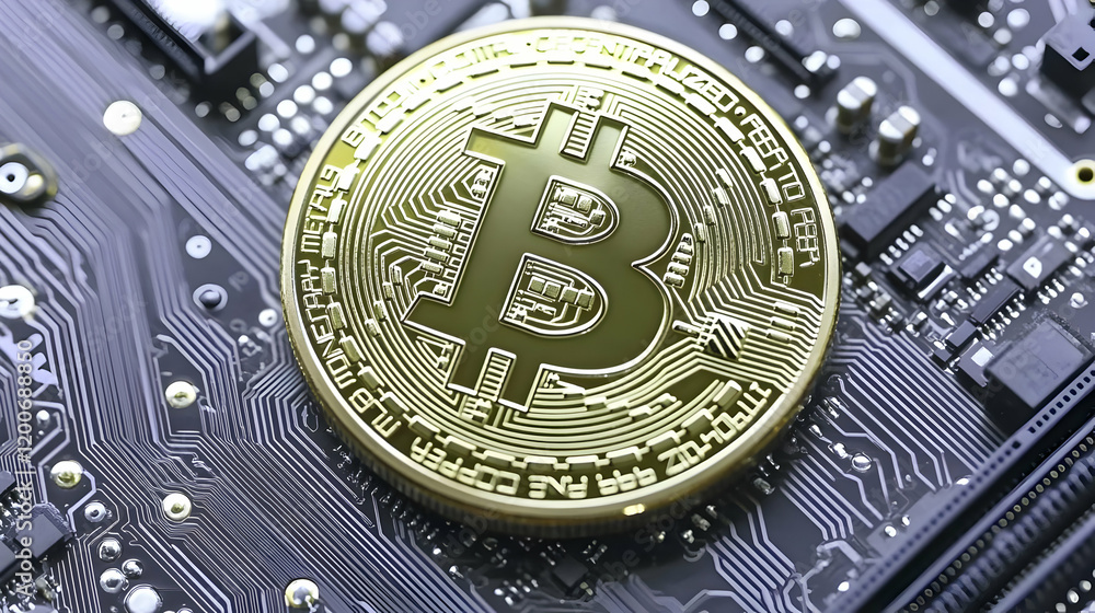 Poster gold coin sits on computer circuit board representing cryptocurrency and technology