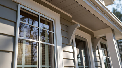 Fototapeta premium Elegant Home Exterior: Modern Window Design and Architectural Details. High-quality image showcasing the beauty of residential architecture.