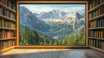 Scenic Mountain View Through Bookshelf in Virtual Environment