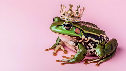 Obraz premium Green Frog Wearing a Golden Crown Poses Majestically on a Pink Background