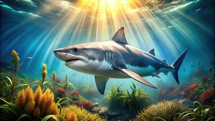 Fototapeta premium Close-Up of a Great White Shark Amidst Lush Underwater Vegetation and Sunlight Glimmering Through the Ocean Surface
