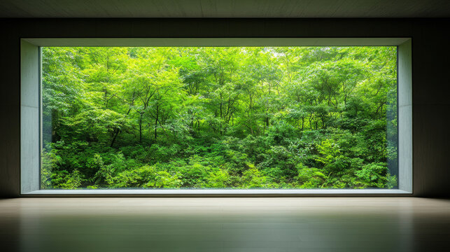 Lush green woodland viewed through large glass window, creating serene atmosphere. Nature beauty enhances indoor space