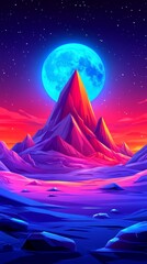 Fototapeta premium Vibrant Neon Landscape Mountain Peak Underneath a Giant Blue Moon at Night