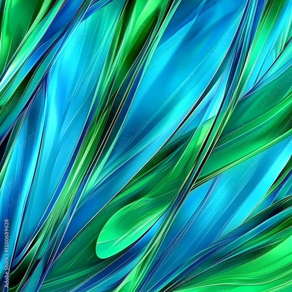 Poster Abstract Background with Blue and Green Diagonal Stripes Dynamically Flowing Smoothly.