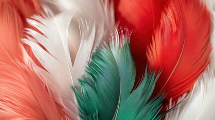 Fototapeta premium Vibrant red, white, and green feathers close-up. Perfect for designs needing a light, airy, and colorful feel.