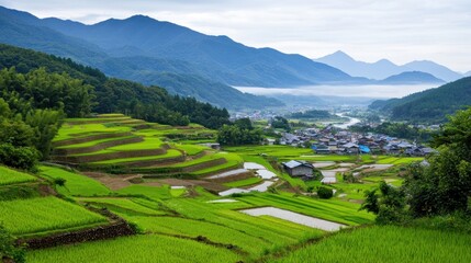 Fototapeta premium Serene Rice Terraces and Mountain Village