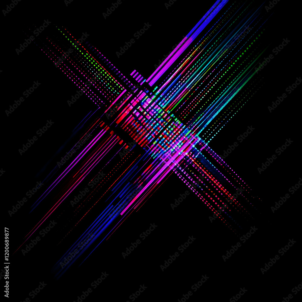 Poster abstract background with colorful intersecting lines and dots creating dynamic visual.