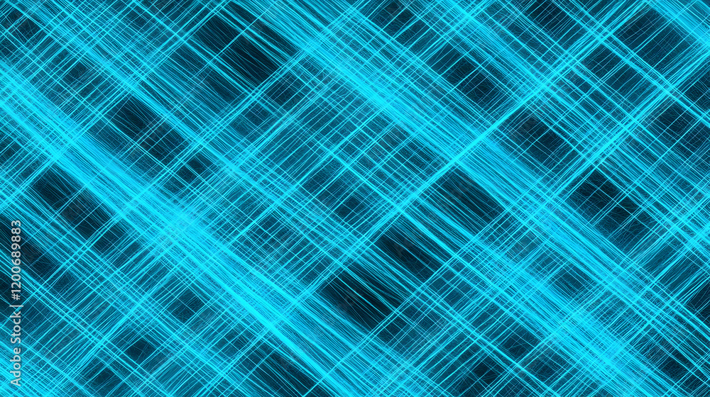 Poster abstract blue intertwined lines creates dynamic diagonal grid pattern on black background.