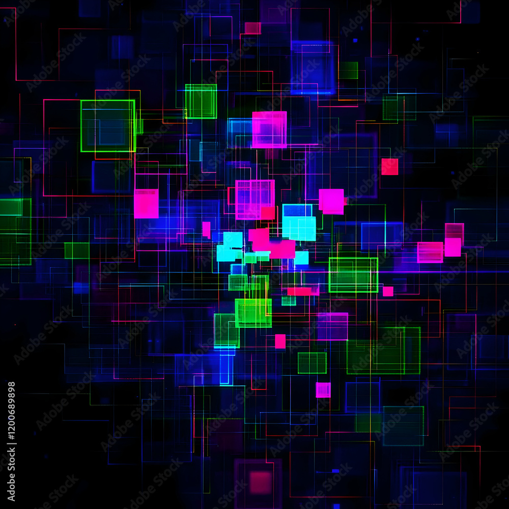 Poster abstract background shows interconnected neon squares and lines dynamically in dark space