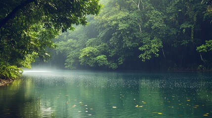 Fototapeta premium jungle surrounding a hidden lagoon, with dense foliage lining the water's edge and the stillness of the air broken only by the occasional splash of a fish jumping in the warm, wet air.