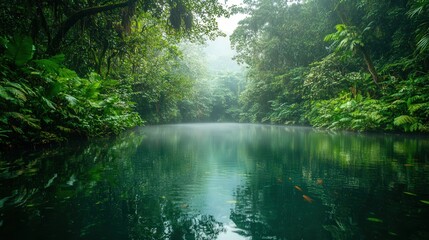 Obraz premium jungle surrounding a hidden lagoon, with dense foliage lining the water's edge and the stillness of the air broken only by the occasional splash of a fish jumping in the warm, wet air.