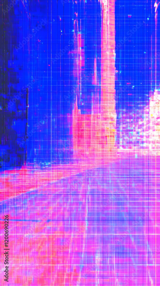 Poster abstract background shows vibrant colors with grid pattern and glitches effect.