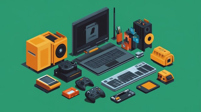 An isometric illustration of various computer components and gaming peripherals