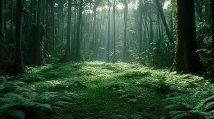 Fototapeta premium The jungle floor beneath towering trees, blanketed with a carpet of ferns and small plants, the air so thick with humidity that the scent of earth