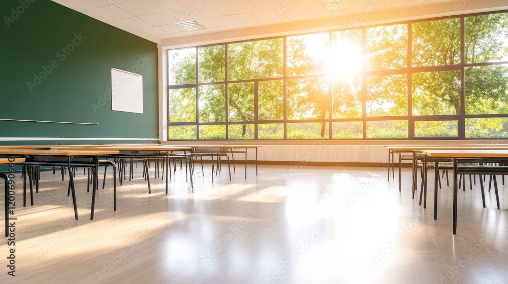 Poster bright sunny classroom with empty desks and large window